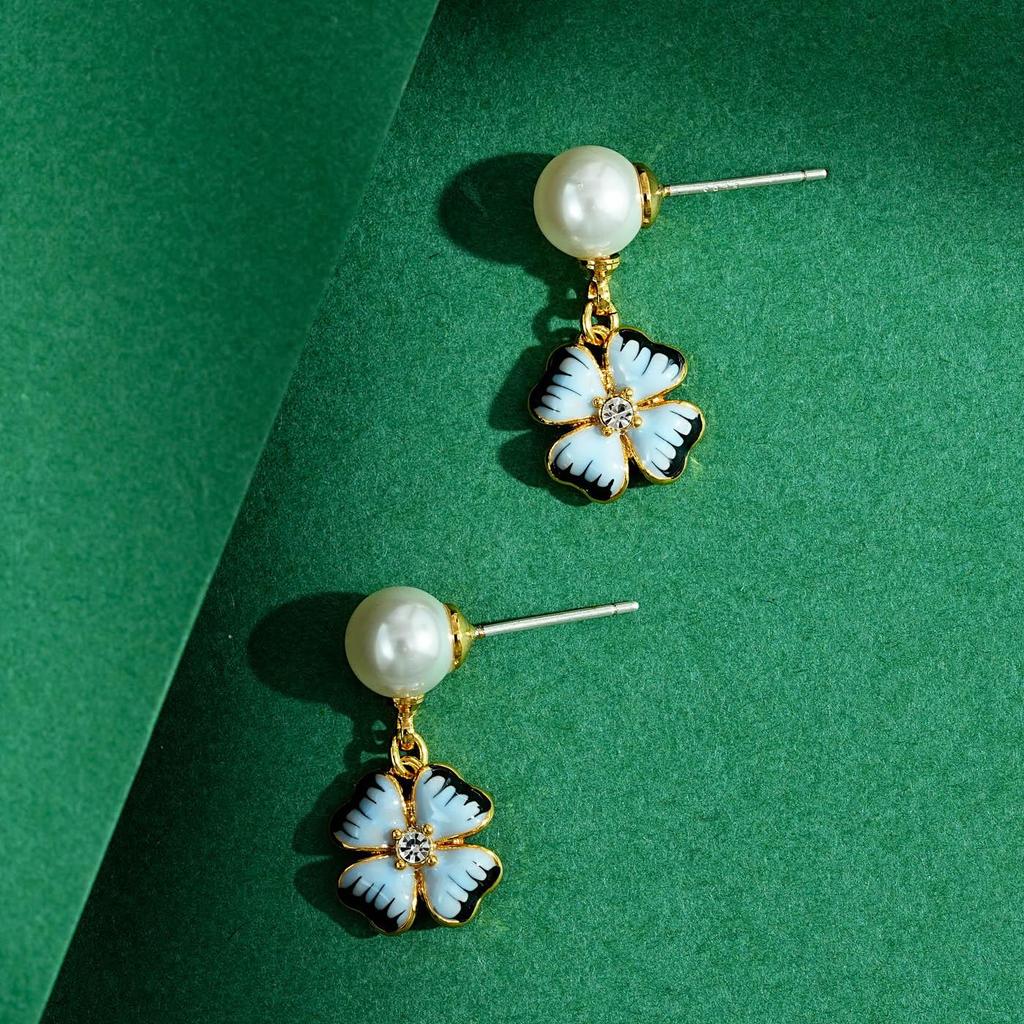 Chinese Enamel Freesia Pearl Tassel Earrings - Four-Leaf Clover Silver Studs for Women