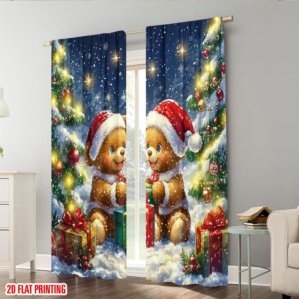 Set Of 2 Plane Printing Popular Curtains Christmas Bear Versatile Polyester Fabric Without Rod Outdoor Decorations Ldeal Curtain