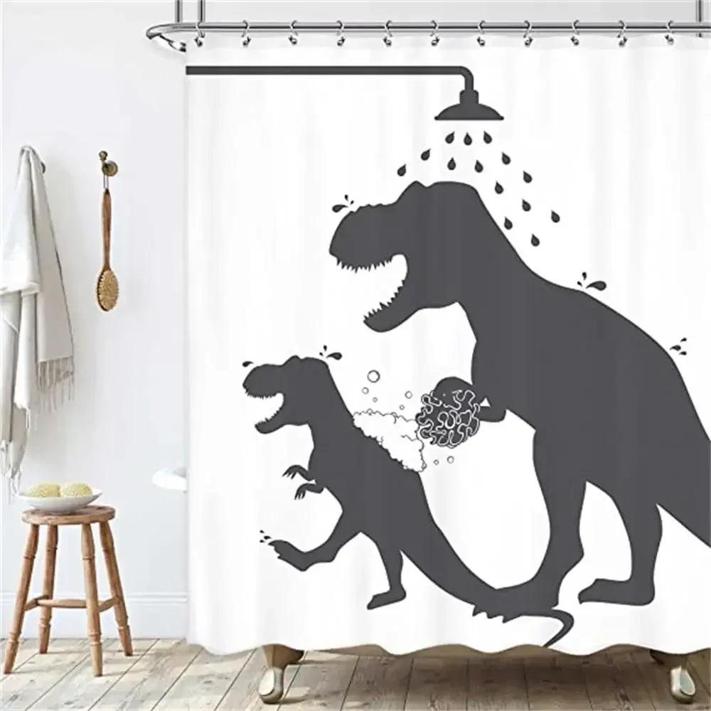 Dinozaur Śmieszny Dino Dzieci Zasłony Prysznicowe Zestaw Łazienkowy Chłopcy Zwierzę Cień Dziewczynki Kreskówka Sylwetka Czarno-Biała Sztuka Dekoracja Łazienki