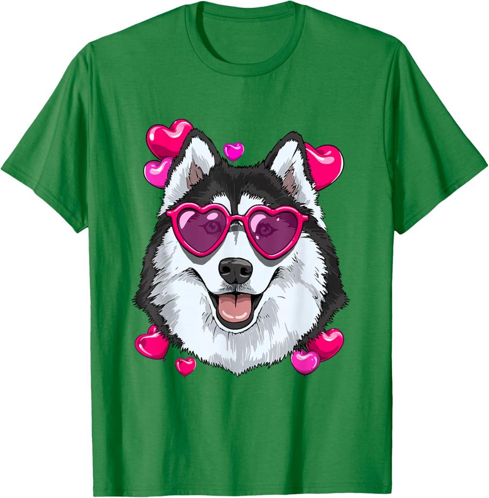 Husky Dog Heart Sunglasses Valentines Day Graphic Tee Soft Cotton Casual Short Sleeve Shirt
