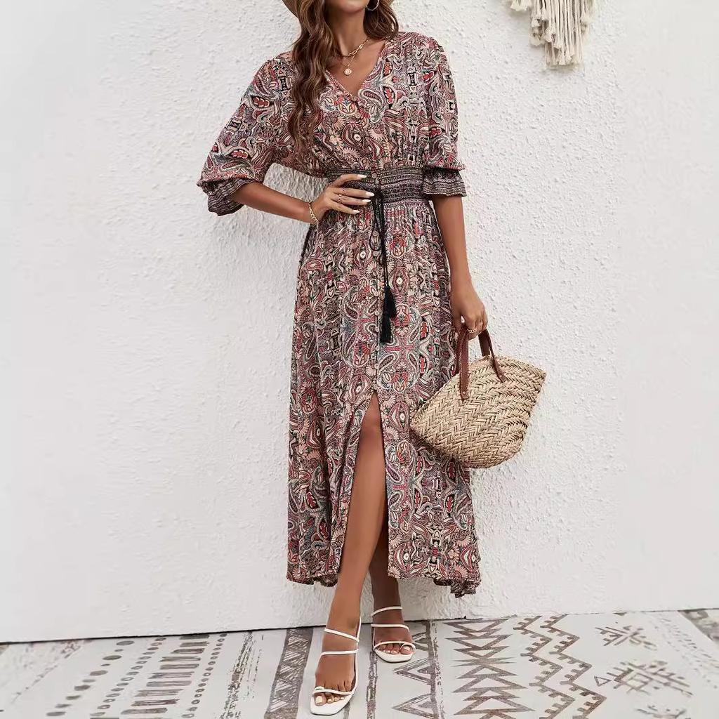 Real shot human cotton positioning printing seven-quarter sleeve waist bohemian dress travel vacation breasted beach dress