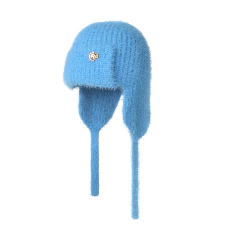Women's Winter Autumn Faux Mink Fur Solid Color Ribbon Ear Flap Beanie Warm Knitted Lei Feng Hat Versatile for Students