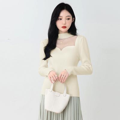 Women's Sexy Thick Half Turtleneck Pullover Sweater Base Blouse Fashionable Mesh Patchwork Knitted Blouse