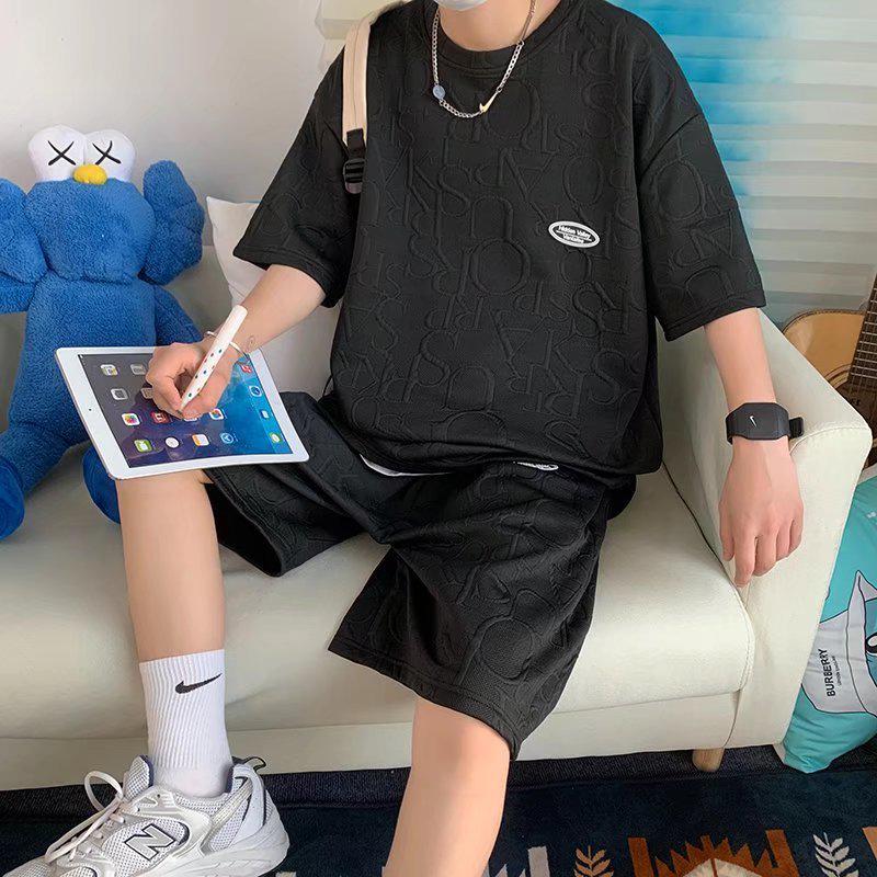 

Мужской летний повседневный вафельный комплект с футболкой с коротким рукавом 2023: Подростковый свободный, удобный крой L чёрный