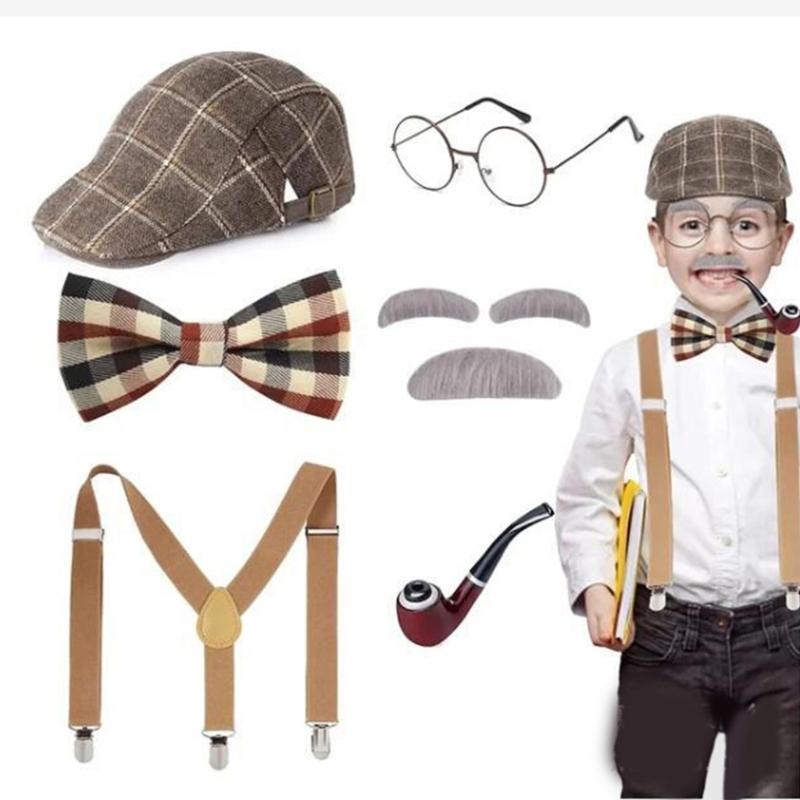 Old Man Costume Set, Grandpa Costume Accessories Including  Fake Beard Eyebrows Hat Eyeglasses for Kid Halloween Cosplay