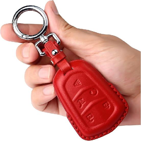 Tukellen for Cadillac Leather Key Fob Cover with Keychain Leather Key Case Key Shell 360 Degree Full Protection Compatible with Cadillac Escalade CTS