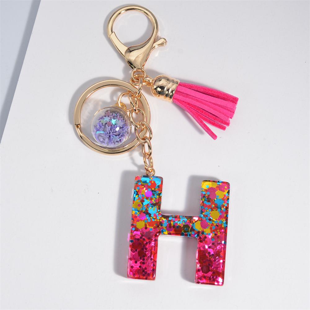 Fashion Tassel Star Ball 26Letters Keychain Colorful Sequins Resin Key Ring for Women Girls Car Handbag Phone Case Pendant Gifts