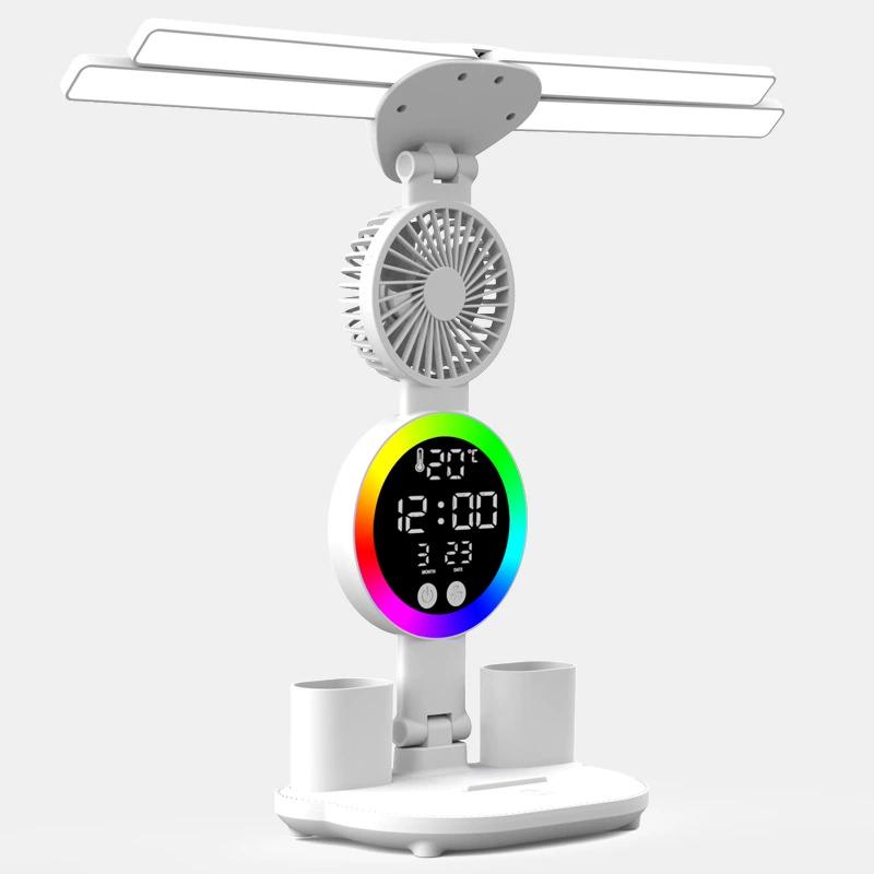Wiederaufladbare Tischlampe (1 Stück) zum Lernen, Schreibtischlampe mit Lesefunktion, LED-Tischleuchte mit Ventilator, LED-Uhranzeige und Leselampe