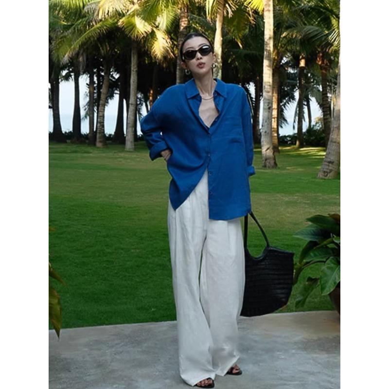 Blue Loose Long Sleeve Thin Versatile Casual Linen Shirt Cardigan Outerwear