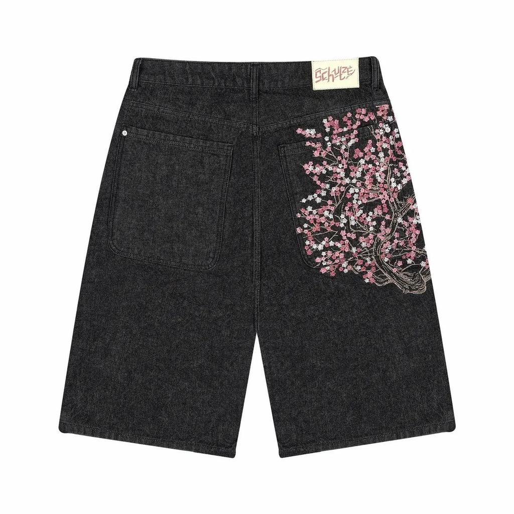 Gotyckie Szorty Jeansowe z Haftem Kwitnącej Wiśni Y2K Męskie Damskie Hip Hop Retro Czarne Luźne Szorty Niskie Spodnie za Kolano