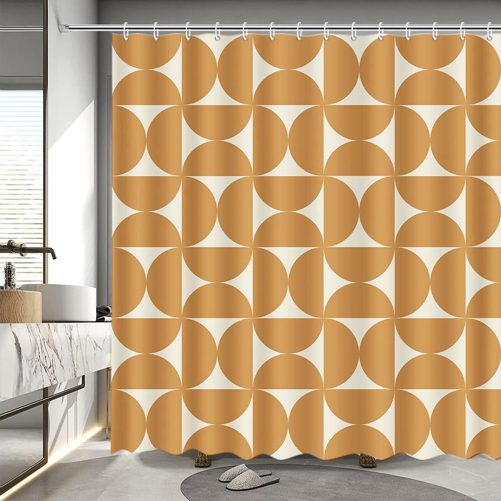 

Orange Floral Shower Curtain, Vintage Mid-Century Abstract Geometric, Boho Retro Bathroom Decor, Waterproof Fabric W120xH180cm