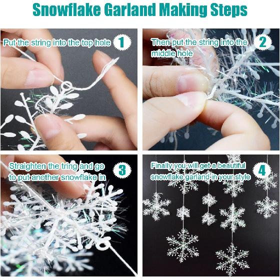 63 Pieces 4 Sizes White Christmas Snowflake Decorations Snowflake Ornaments Garland, 8 Meters White Strings and 60 Pieces Round Double Side Tape for