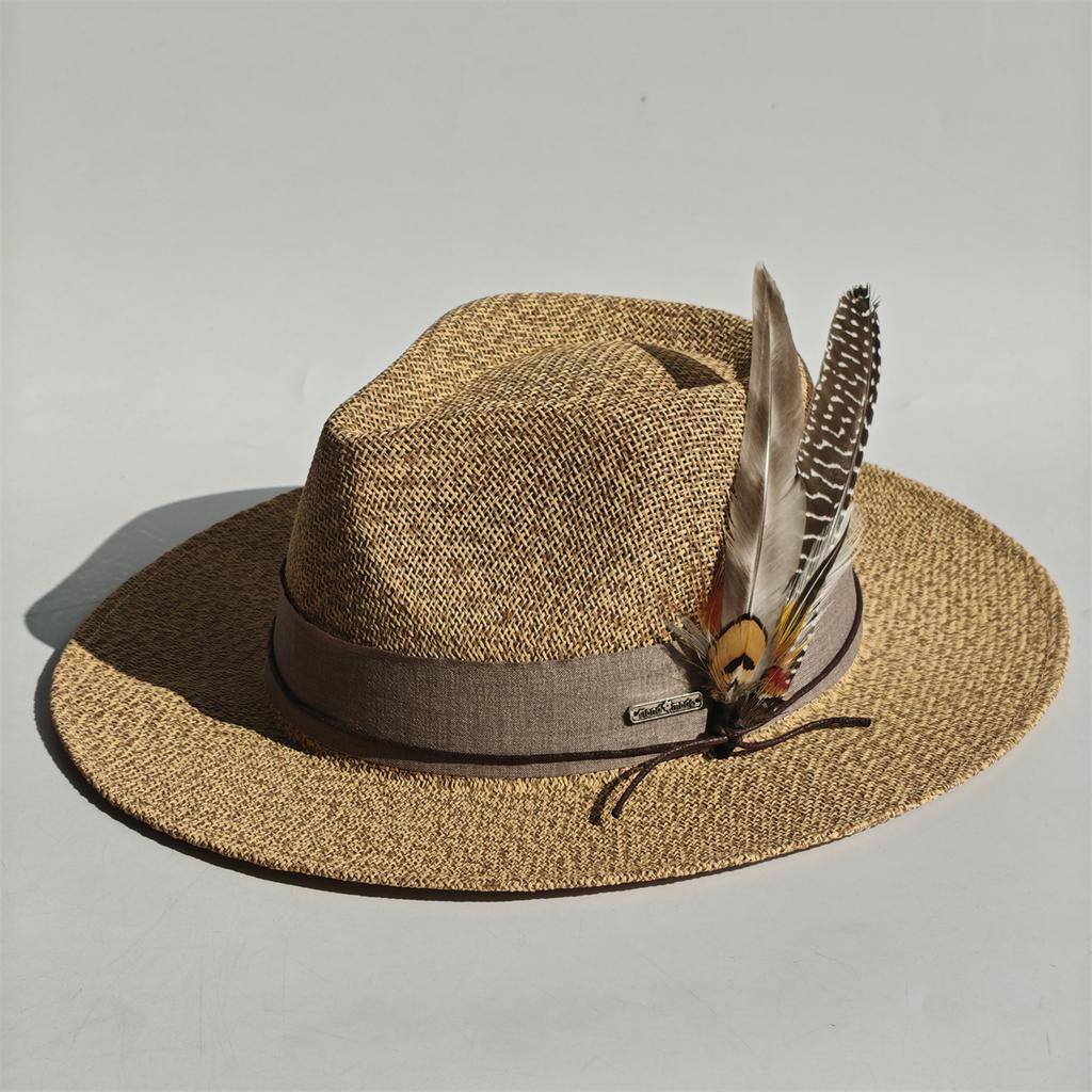 Handgeweven Hoed Veer Accessoire Mannen Breedgerande Panama Jazz Hoed Buiten Zonbescherming Stro Hoed Unisex Stijl voor Lente & Zomer
