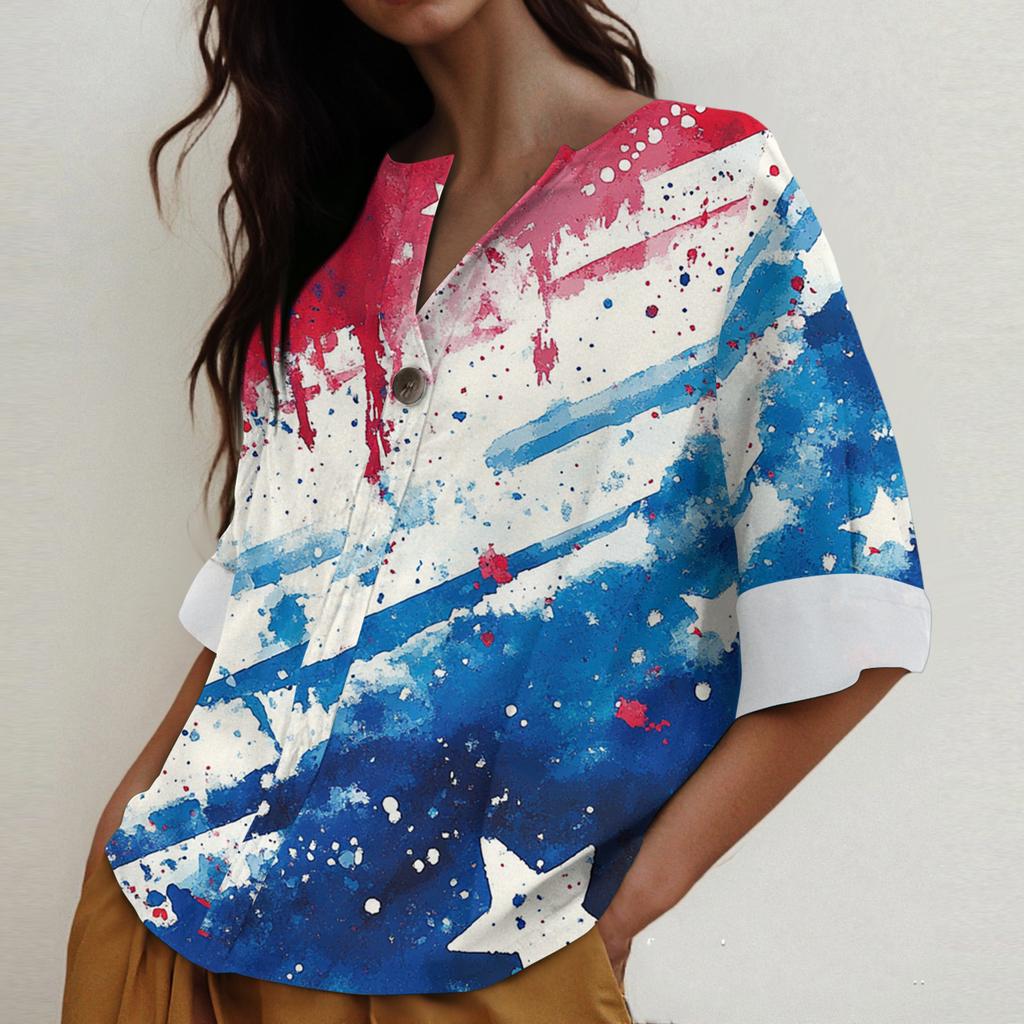 Women's Fashion Casual Button V-Neck Cotton And Linen Independence Day Printed Seven Sleeve T-Shirt Top