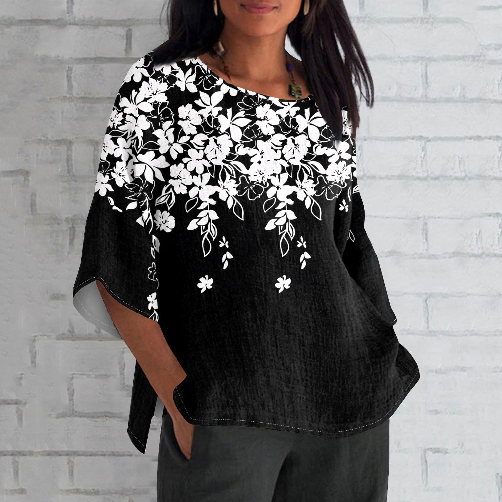 

Женская мода с рукавом семь четвертей и круглым вырезом с принтом, свободные повседневные рубашки-топы