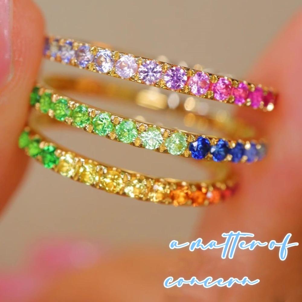 Colorful Candy Style Rainbow Ring for Women with Sapphire and Tsavorite 18k Gold Plated Luxury Jewelry Stackable Band adjustable