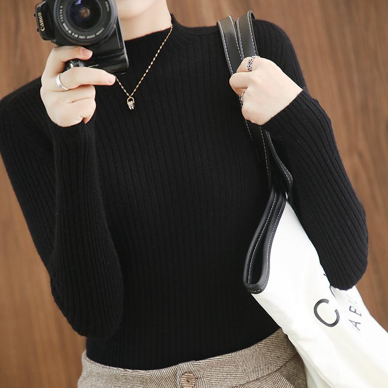 New Autumn and Winter Tight-fitting Slim Sweater Half Turtleneck Bottoming Shirt Women's Short Pullover Sweater Solid Color
