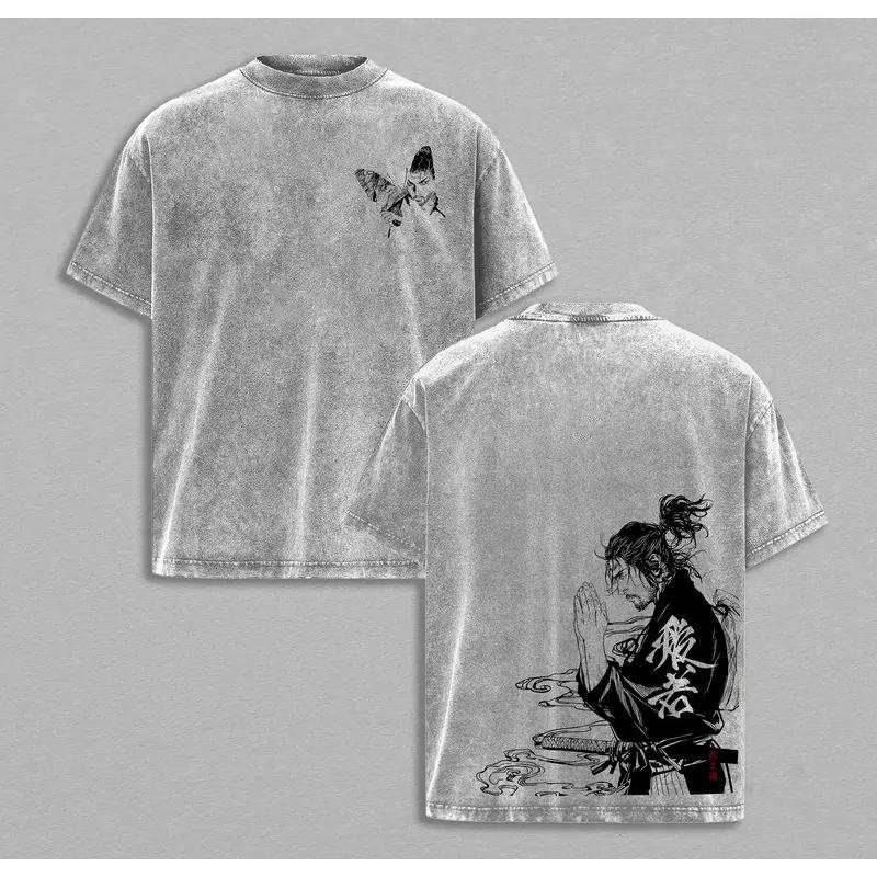 Miyamoto Musashi Vagabond Clothing Men Short Sleeve Manga T-shirts Vintage Washed T Shirt Casual Cotton Tee Harajuku Male Tshirt