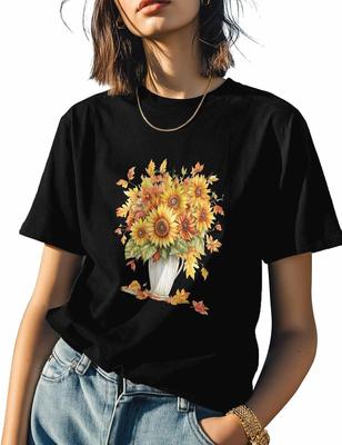 T Shirts for Women Graphic Tees Sunflower Crew Neck Short Sleeve Shirts for Women White Vase Casual T-Shirt