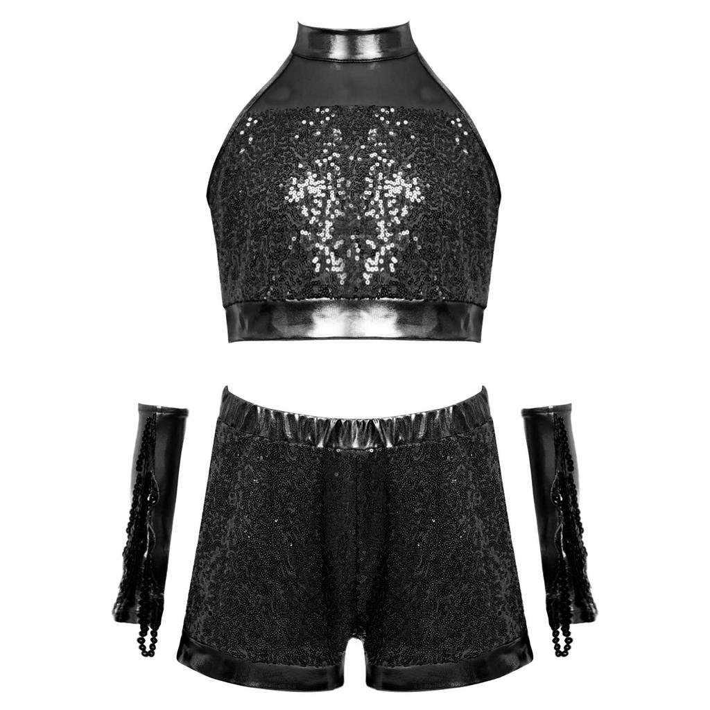 Mädchen Ärmelloses Glitzerndes Pailletten Tanz Crop Top Schlüsselloch Rücken Design Passende Shorts Quasten Metallic Handschuhe Set
