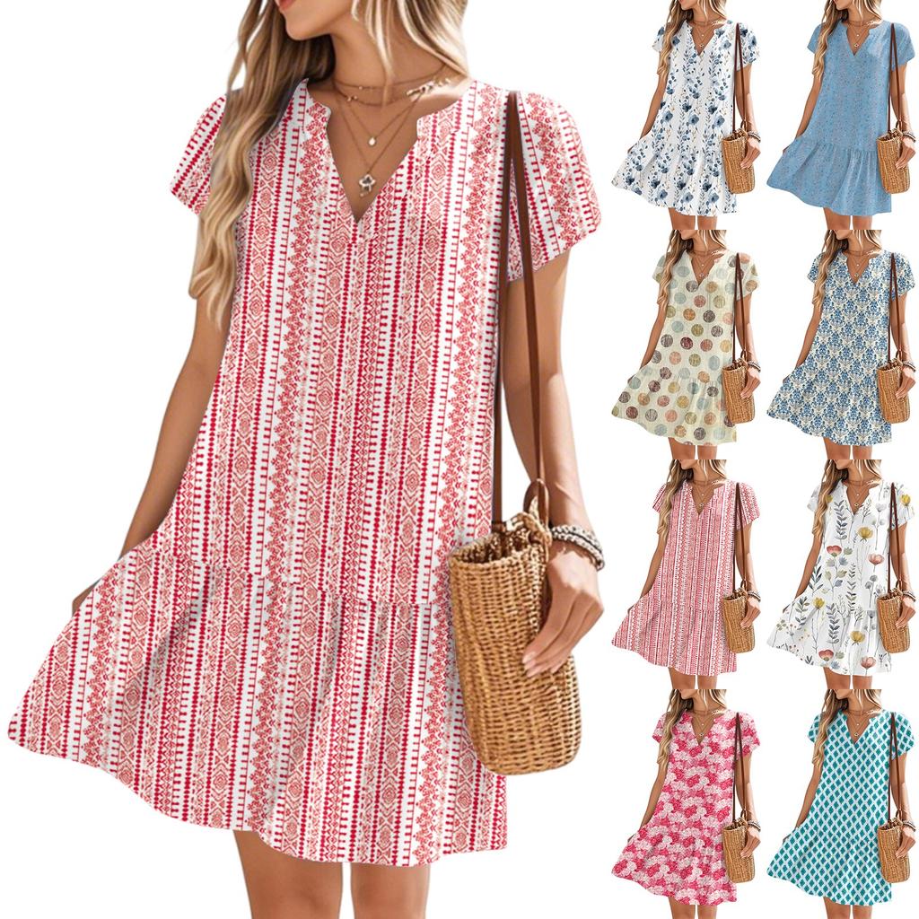 Women's Dresses Short Sleeve V-Neck Floral Printed Loose Casual Temperament Beach Dresses