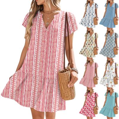 Vestidos Femininos Manga Curta Decote V Estampado Floral Solto Casual Temperamento Vestidos de Praia