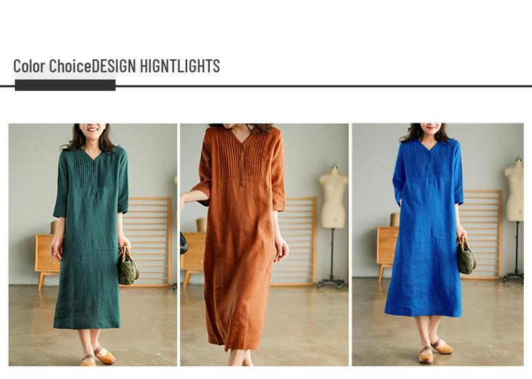 2024 Summer Artistic Loose Patchwork Cotton Linen V-Neck Mid-Length Dress with Five-Point Sleeves