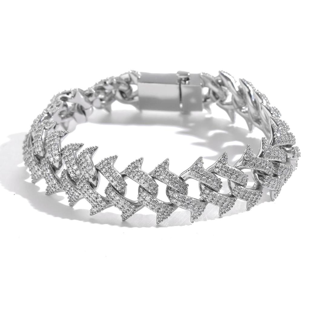 European American 18mm Thorn Hip Hop Men's Spring Buckle Cuban Bracelet Rhodium Plated Trendy Personalized Full Diamond Zircon