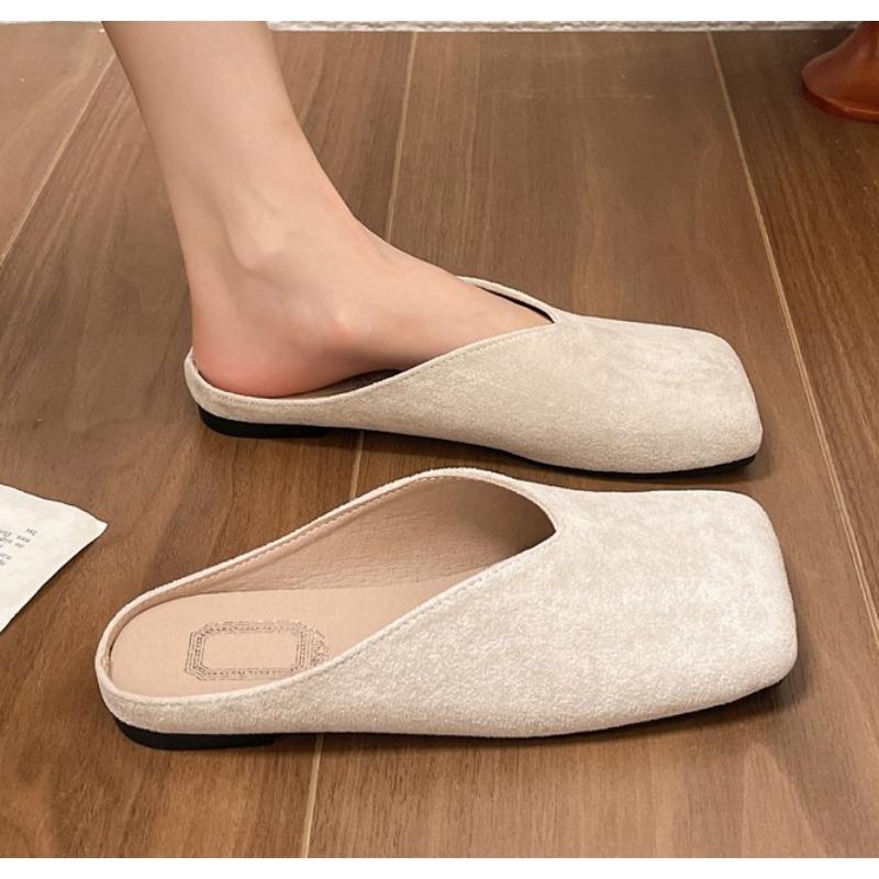 Fashion New Women Mules Summer Elegant Square Closed Toe Flat Slippers Female Shoes Casual Leather Black White Slides Plus Size 35-42