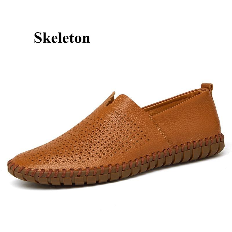 Men's Hollowed Out Leather Shoes Handmade Flat Moccasin Slip Into One Stirrup Casual Boat Shoes