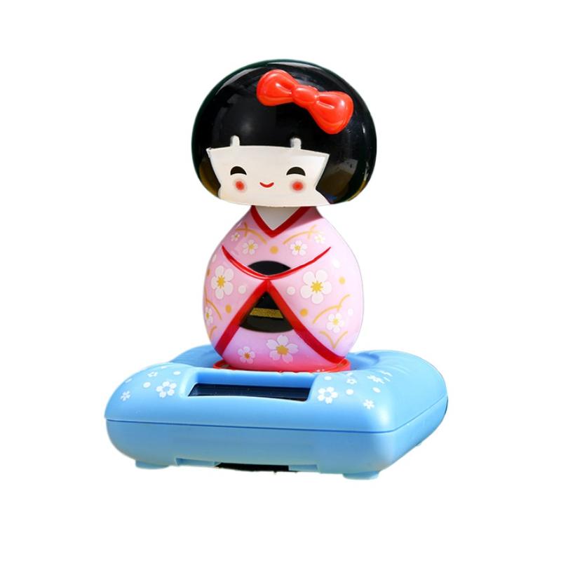 New Solar Powered Japanese-Style Doll Car Ornament Kimono Girl Shaking Head Nod Head Cartoon Doll Dashboard Cute Car Accessories