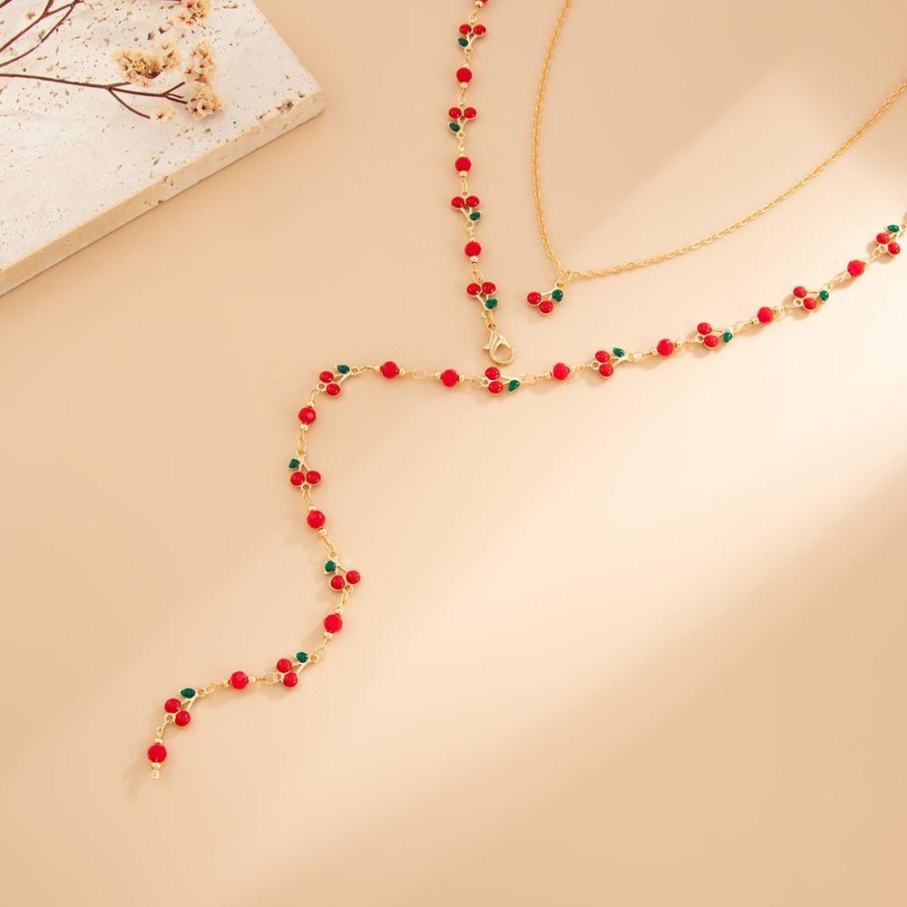 Silver Y-shaped Cherry Necklace Gold Women Long Necklace Retro Crystal Necklace  Party Jewelry