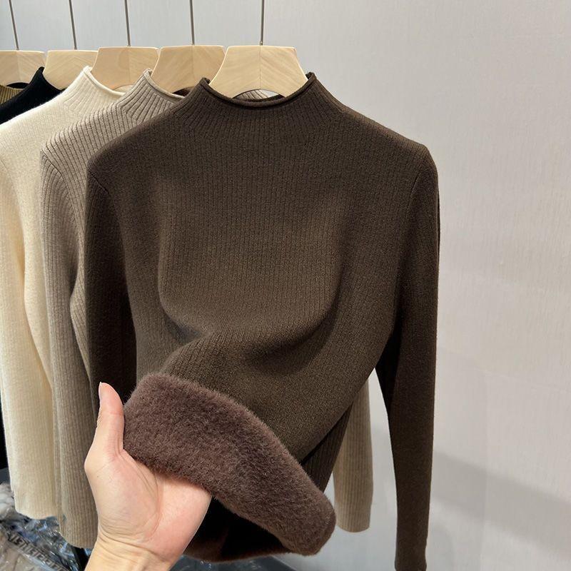 Cashmere Blouse Semi-turtleneck Fleece Thickened Sweater Warm Integrated Fleece with Wool Bottoming Shirt Sweaters