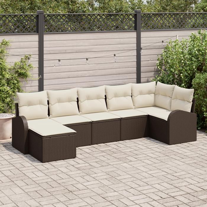 VidaXL Ensemble de canapé de jardin 7 pièces avec coussins Marron en poly rattan 3346128