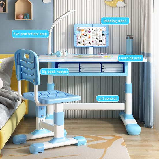 Set Scrivania Studio e Sedia per Bambini, Tavolo da Scrittura Regolabile in Altezza per Bambini Piccoli con Supporto Regolabile per Lettura, Luce LED per Studio, Soggiorno Camera da Letto Extra per Bambini
