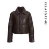 ELLASSAY Women's Simple Lapel Goose Down PU Leather Short Jacket