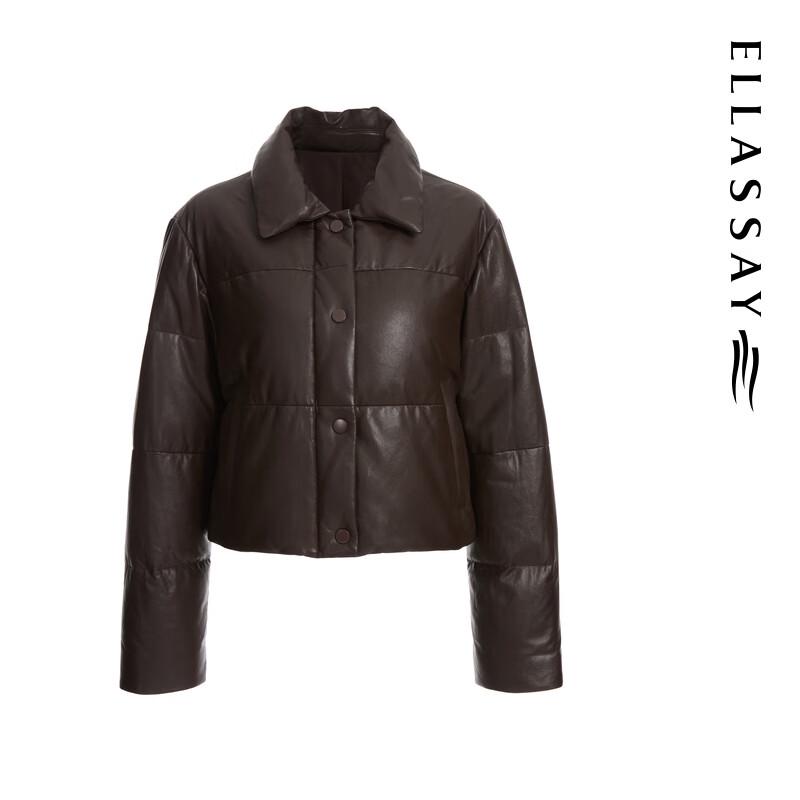 ELLASSAY Women's Simple Lapel Goose Down PU Leather Short Jacket