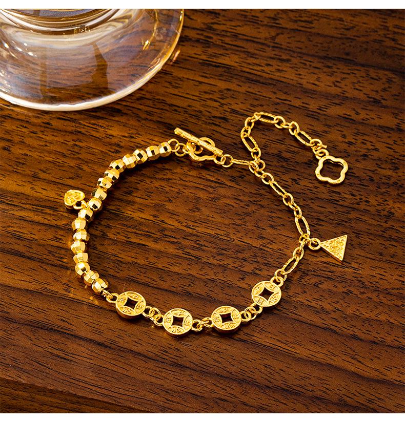 Bracelet Pièce Ancienne Élégant pour Femmes – Or Sable Vietnamien Rétro avec Perles Brillantes et Rétention de Couleur Longue Durée.