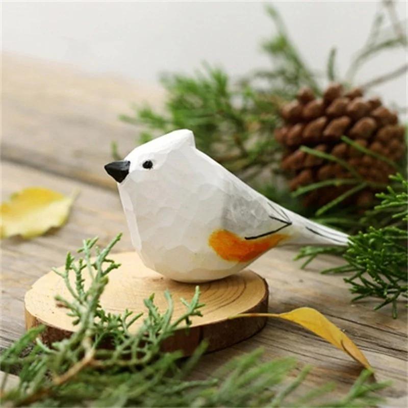 Handmade Carving Wooden Bird Figurine Small Cute Sparrow Bird Statue Home Decor Figurine Art Decoration Miniature Birds Model