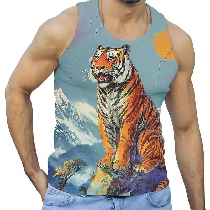 Men Fashion Summer Trend Tiger Graphic Tank Tops Sleeveless 3D Animals Printed Men Vest Cool Streetwear Oversized Tees Tops