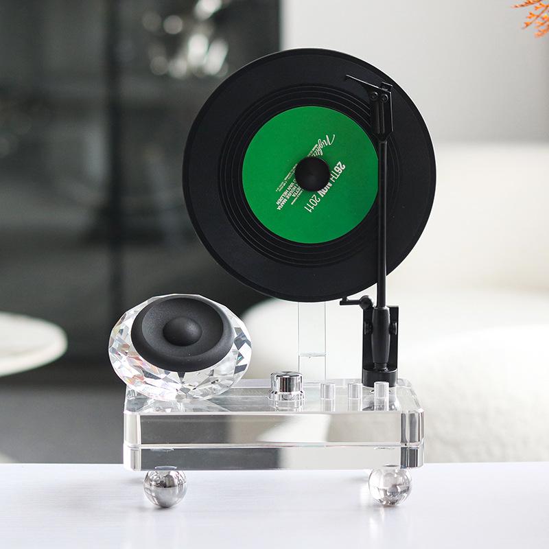 Elegant Retro Crystal Vinyl Record Player Ornament for Living Room or Office Decor