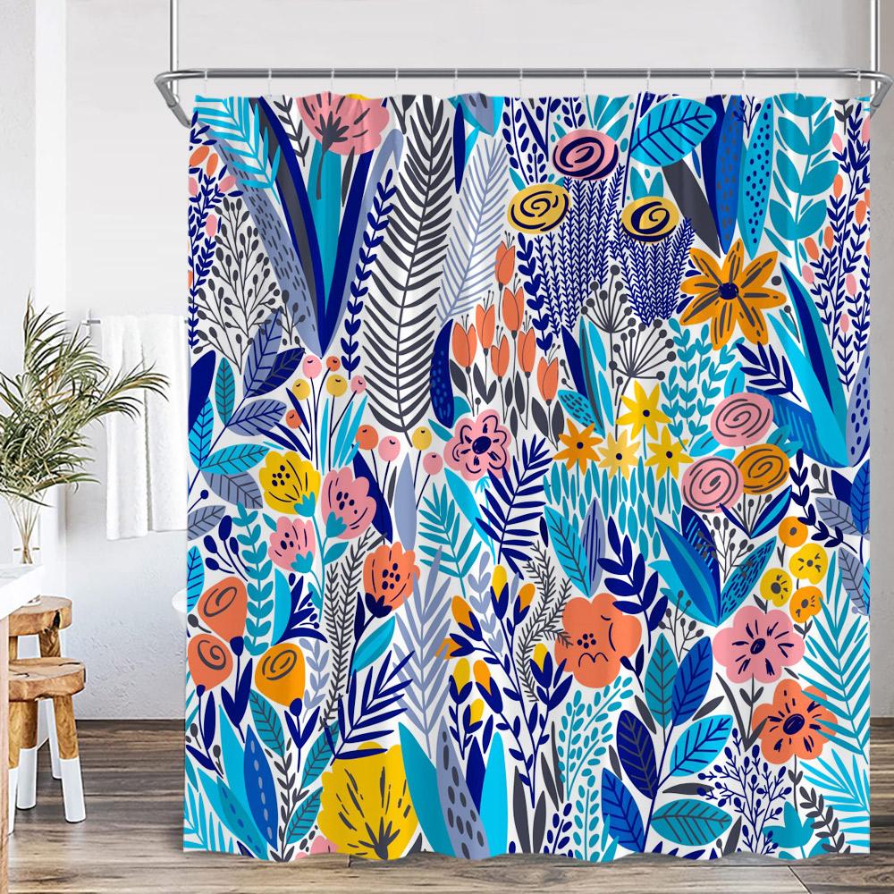 Colorful Boho Floral Shower Curtain Oil Painting Flowers Green Leaf Plant Spring Bathroom Decor Retro Polyester Bathtub Curtain
