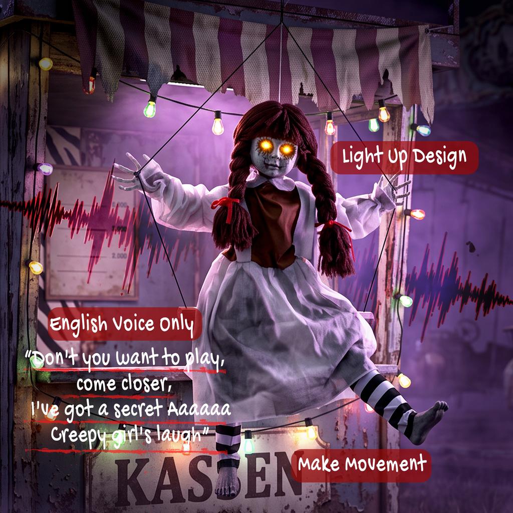 80 Cm Halloween Animated Hanging Creepy Girl On Swing Decoration Kicking Legs Sound And Touch Activated