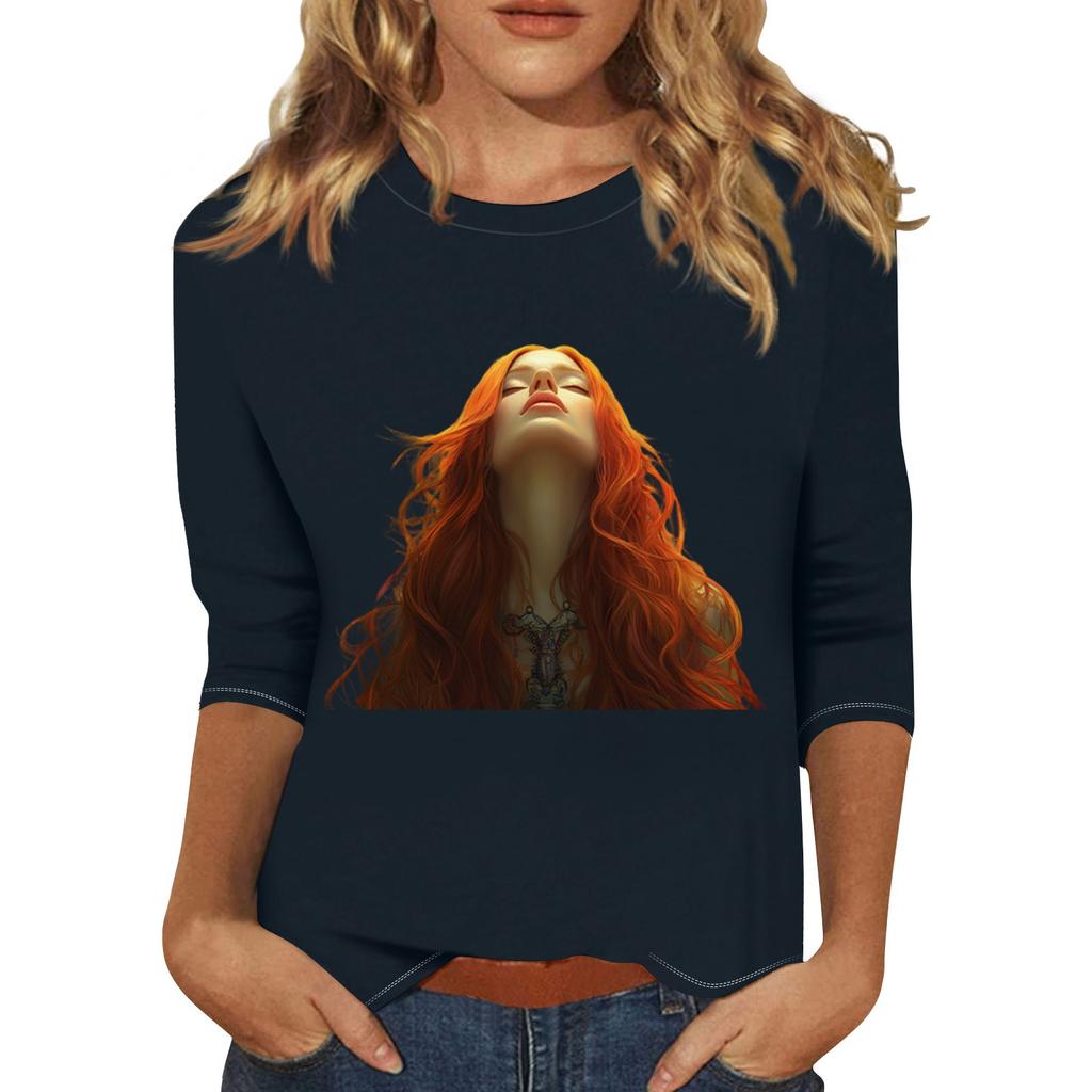 Women's Fashion Casual Three-quarter Sleeve Character Printed Round Neck Pullover Top