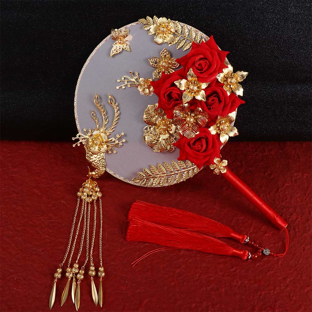 Vintage Decoration Prop For Bride Gold Red Bridesmaid Fan Bouquet Photography Ornaments Decor Craft
