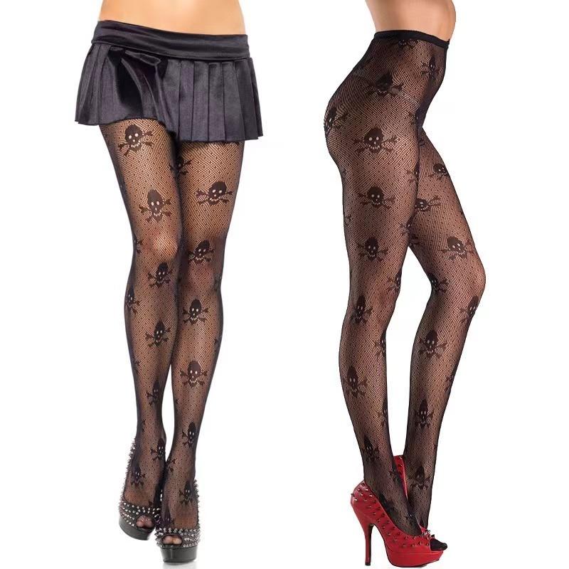 Women Goth Punk Cute Black Mesh Tights Lolita Skull Pattern Fishnet  Jacquard Harajuku Stockings Pantygose Leggings Halloween