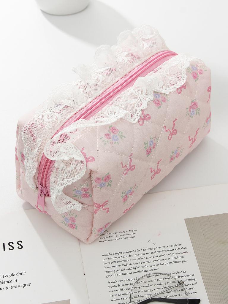 Lace Bow Cosmetic Bag Student Ribbon Quilted Pencil Bag Portable Toiletries Bag Liner Bag