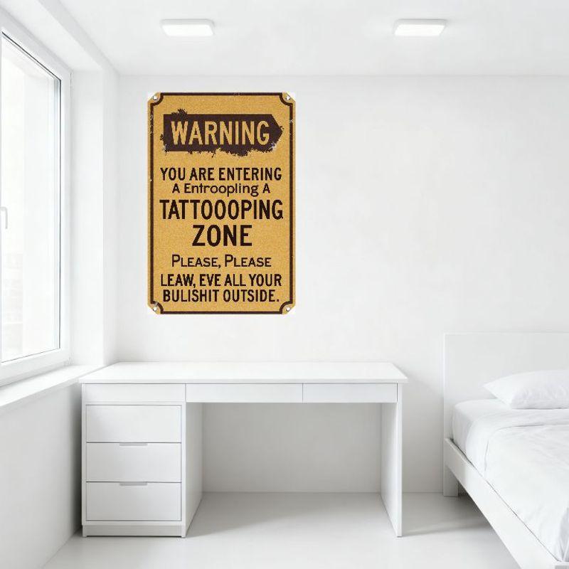 Vintage Warning Entroopling Tattoo Zone Tin Sign, Distressed Brown Background Metal Wall Decor with Black Yellow Text for Home B