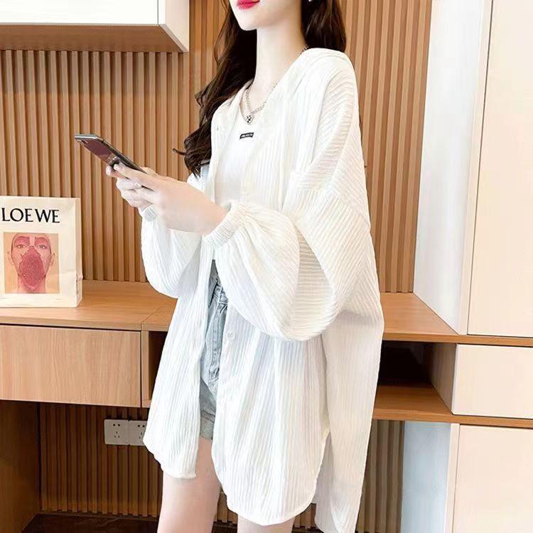 Plus Size Women s Summer Korean Loose Versatile Mid-Length Open Cardigan Sun Protection Shirt Thin Outerwear Trendy S