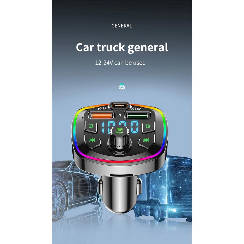 Auto Bluetooth Sockel Radio FM Transmitter PD 18W Typ-C Dual USB 3.1A Bunte Umgebungslicht Ladegerät MP3 Musik Player